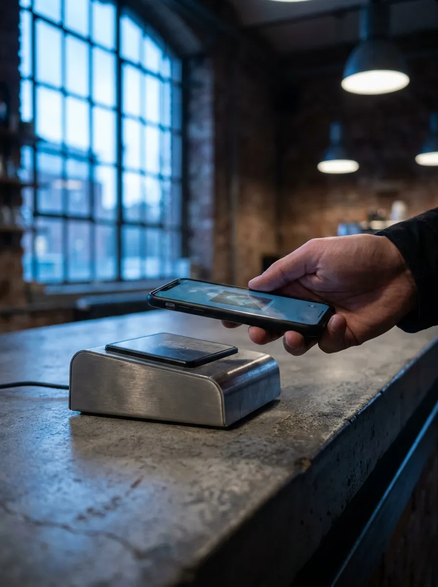 Kontaktloses Bezahlen per Smartphone am Kartenterminal auf einer Betontheke