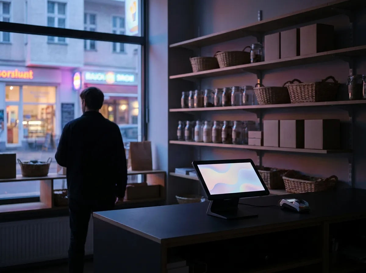Späti bei Abenddämmerung mit Kassenterminal und Neonlicht gegenüber